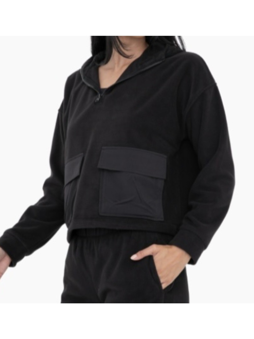 Mono B Black Fleece Half-Zip Hoodie with Patch Pockets